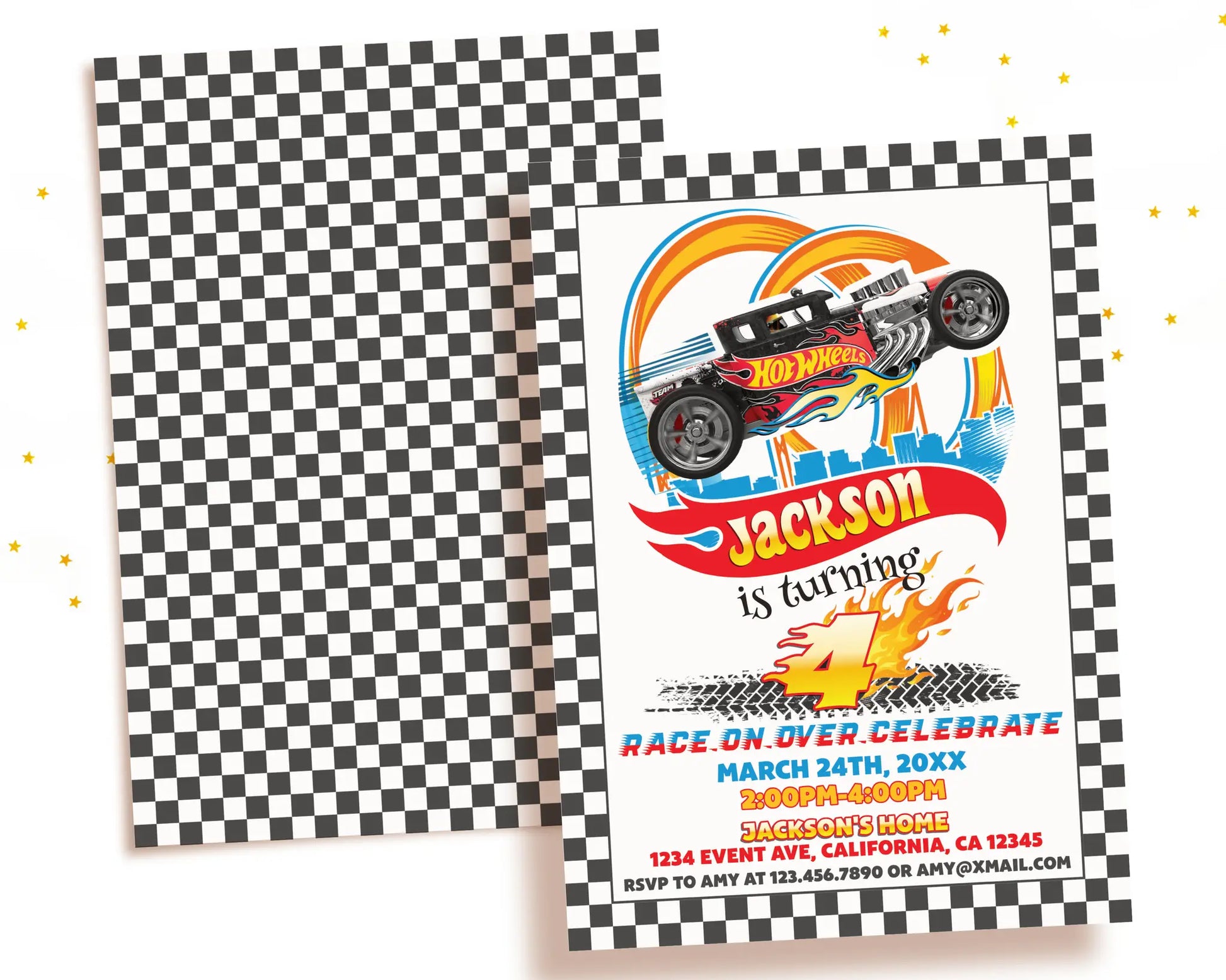 Printable Hot Wheels style racing birthday invitation with checkered background, customizable kids party design.