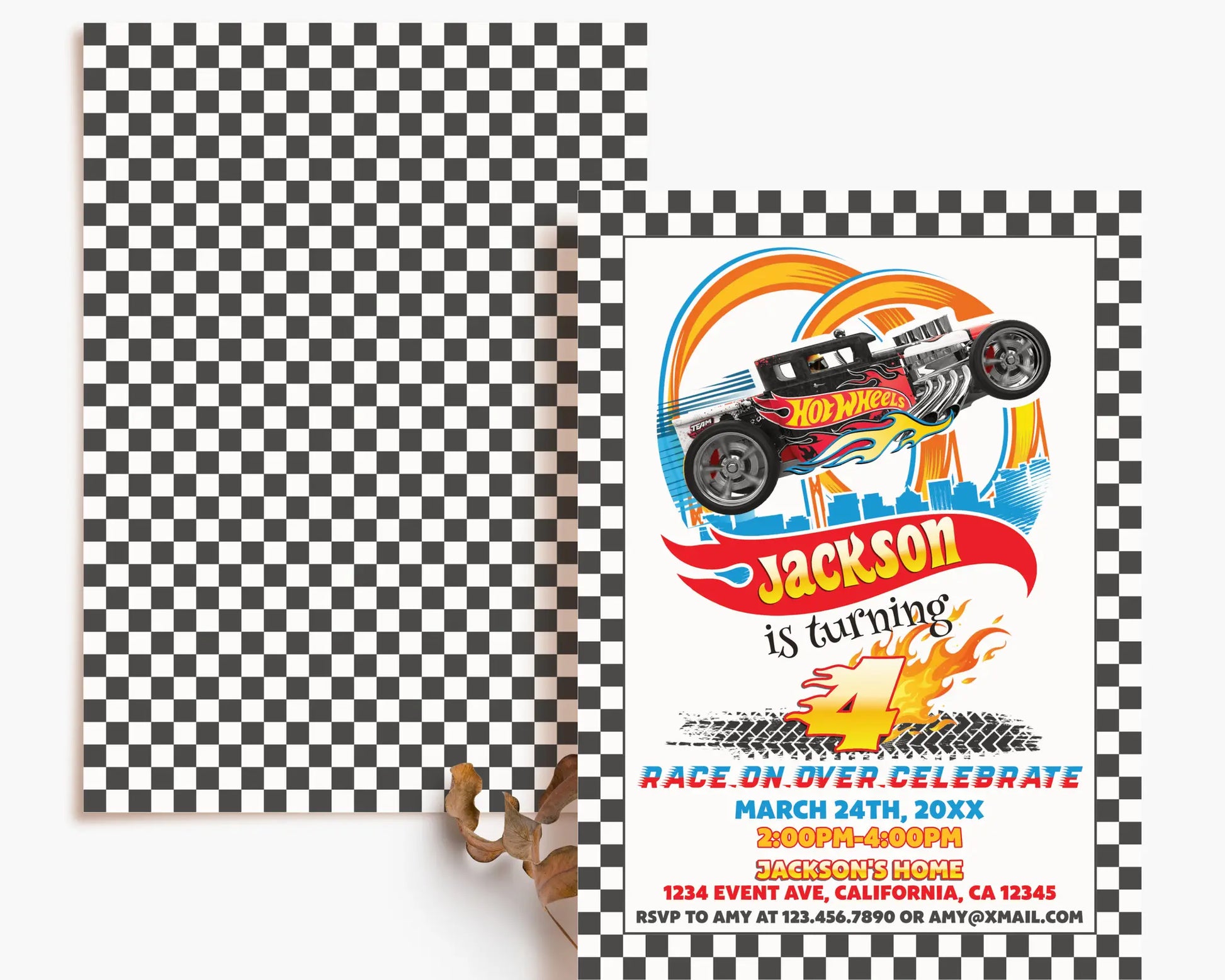 Hot Wheels comic birthday invitation set with action graphics and checkered pattern, editable Canva template.