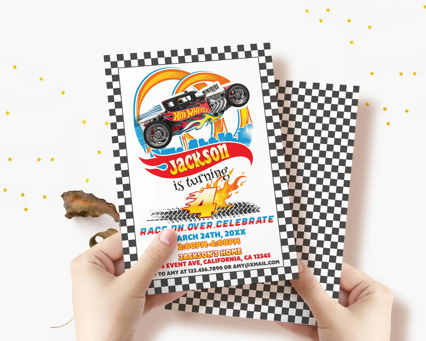 Hot Wheels racing birthday invitation front and back, printable car party card with flames and checkered border.