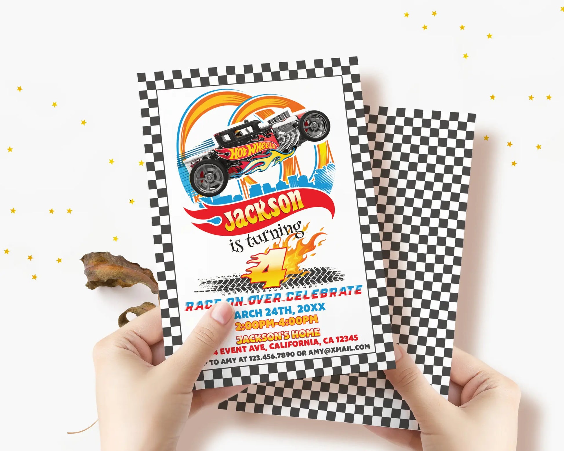 Hot Wheels racing birthday invitation front and back, printable car party card with flames and checkered border.