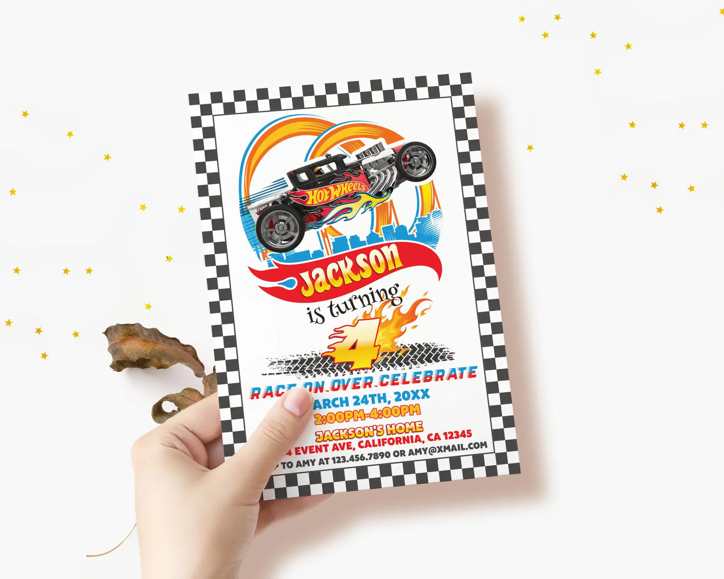 Child holding Hot Wheels inspired racing birthday invitation, printable kids party invite editable online.
