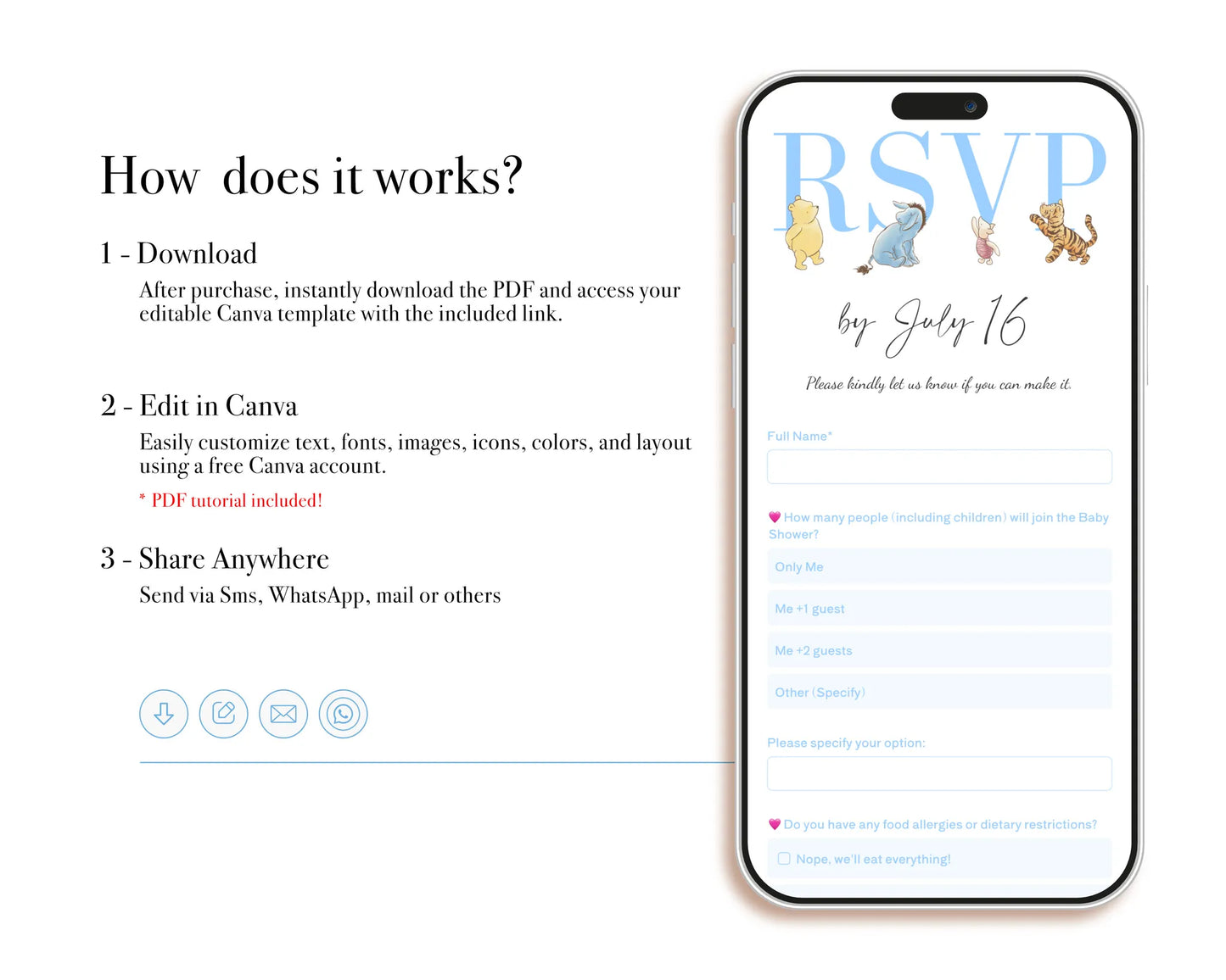 Guide explaining how to download edit and share the blue digital Winnie the Pooh invitation