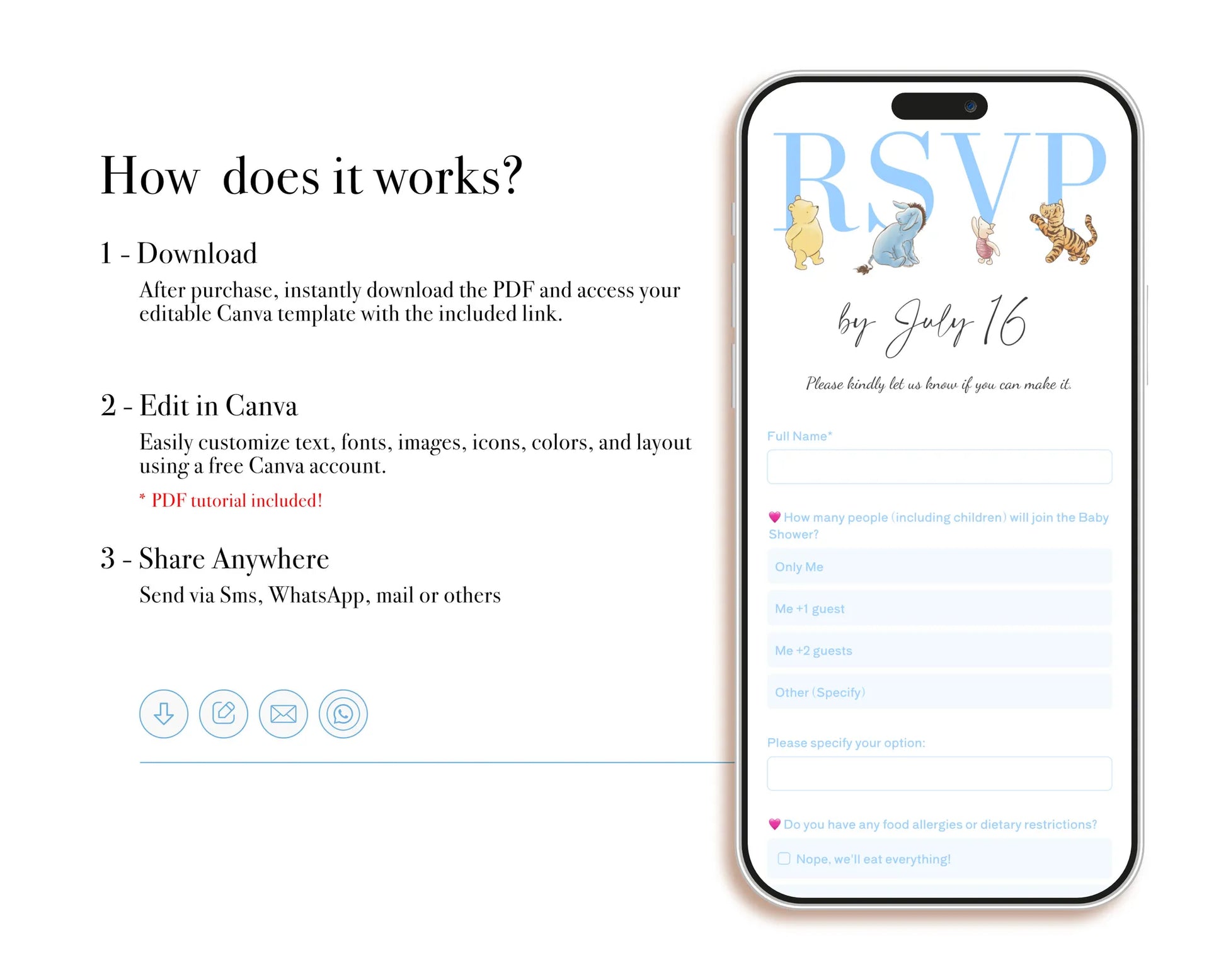 Guide explaining how to download edit and share the blue digital Winnie the Pooh invitation