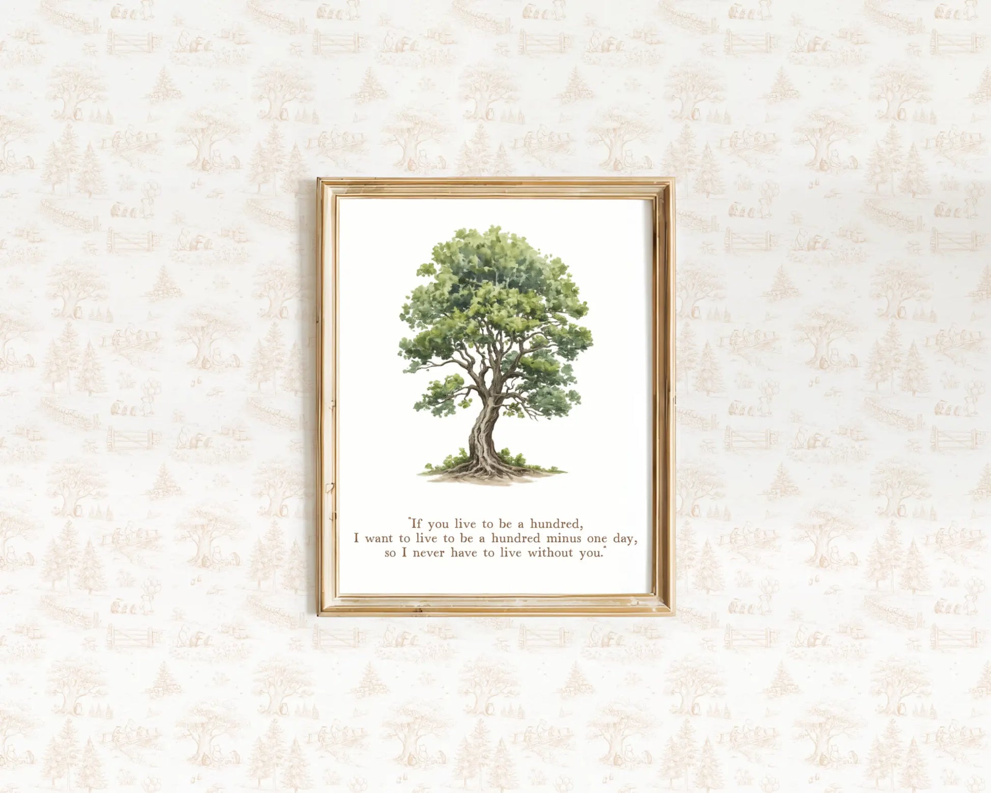 Classic Hundred Acre Wood tree illustration with a heartfelt nursery quote in a gold frame