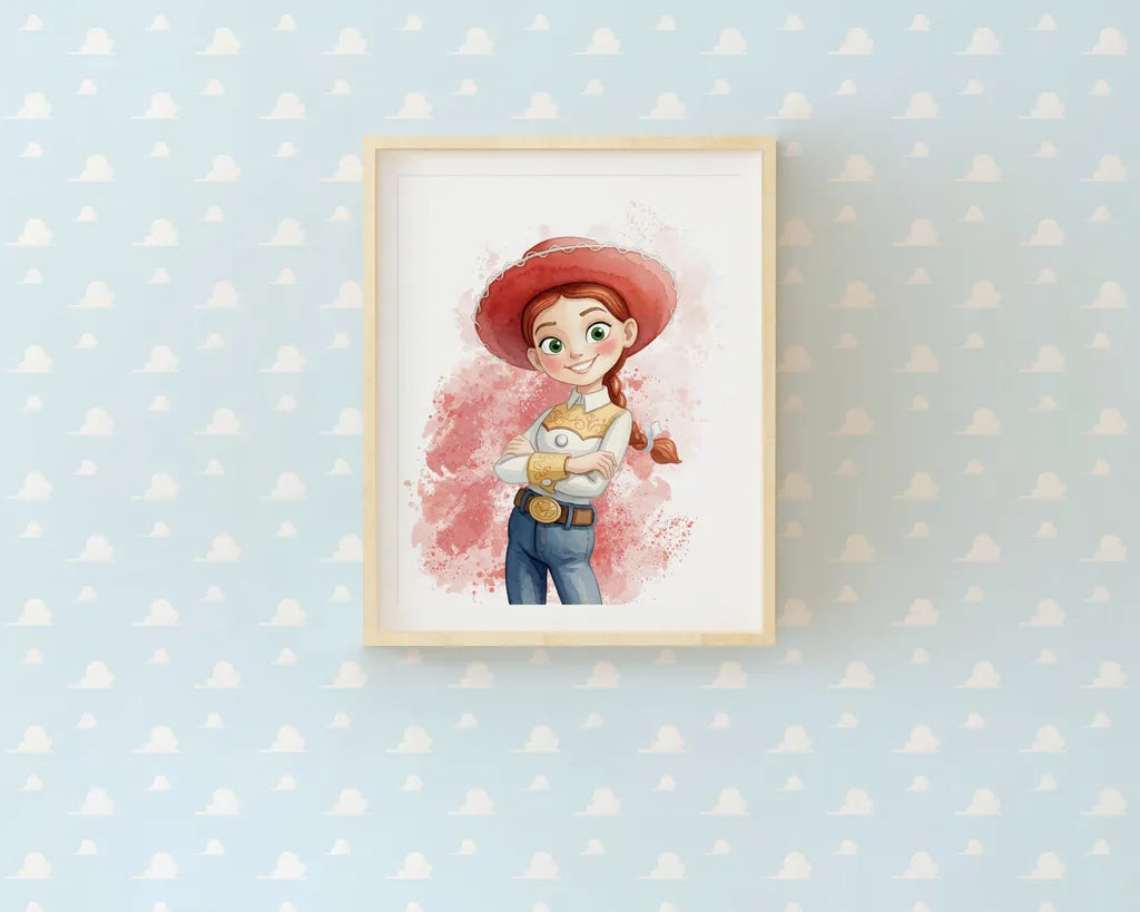 Single framed watercolor print of Jessie the cowgirl in a light wood frame
