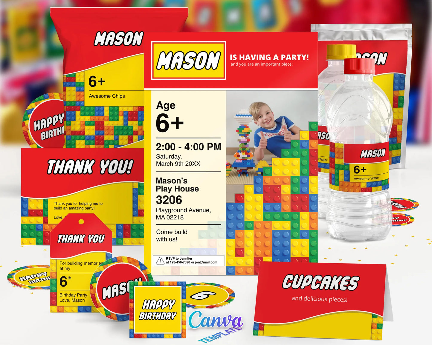 All-in-one LEGO themed birthday party bundle featuring invitations, water bottle labels, and treat bag toppers.