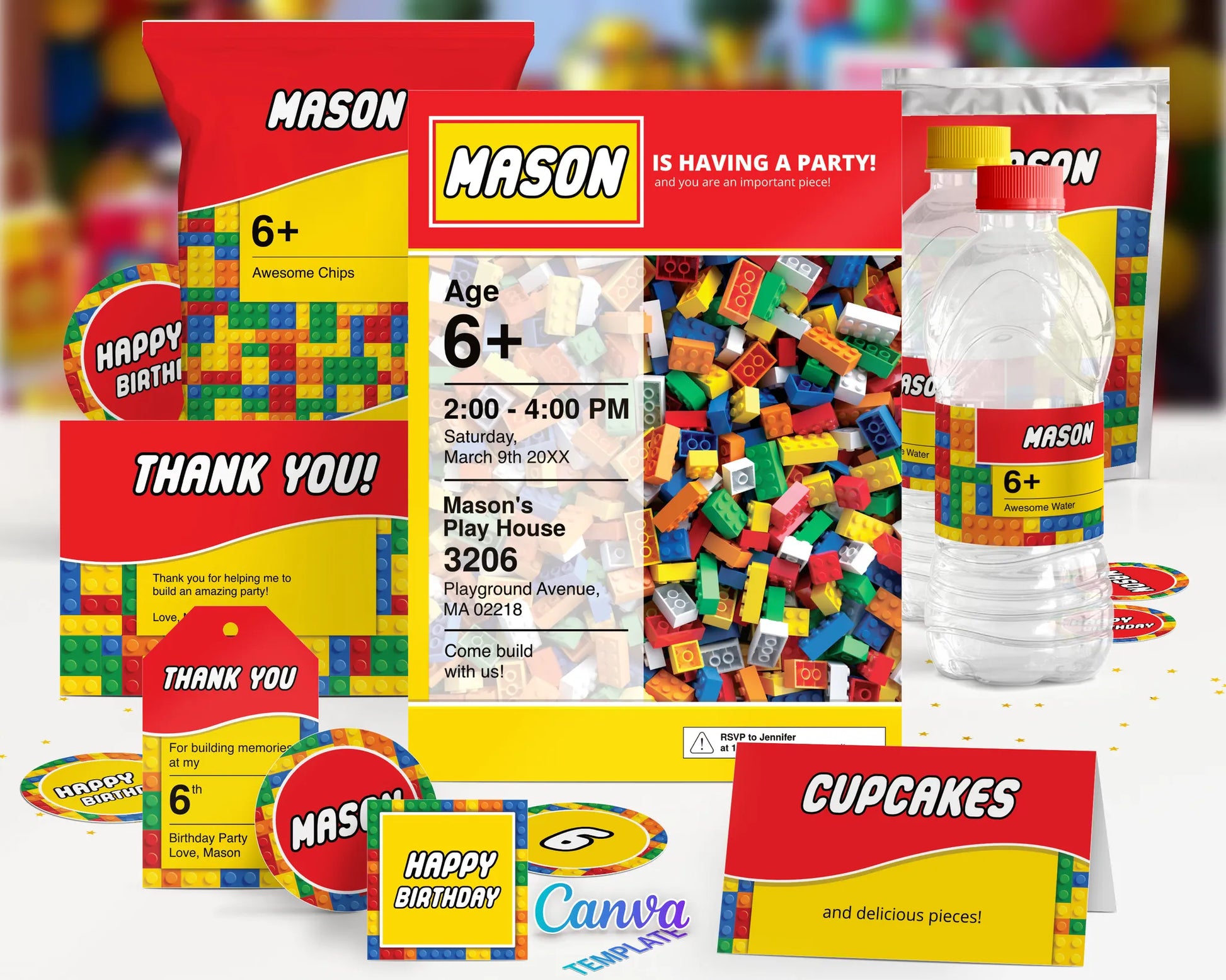 Lego themed birthday party mega bundle including invitations, water bottle labels, and cupcake toppers