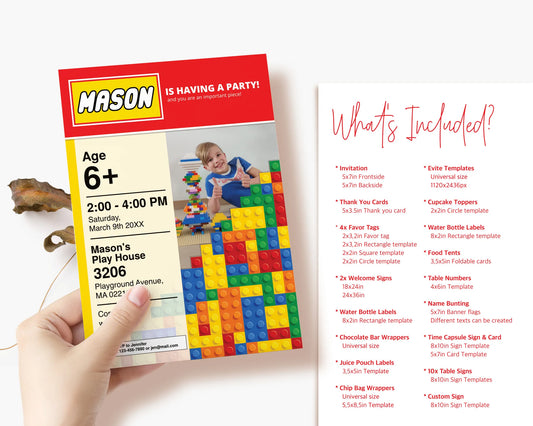 Hand holding a building blocks birthday invitation digital template.