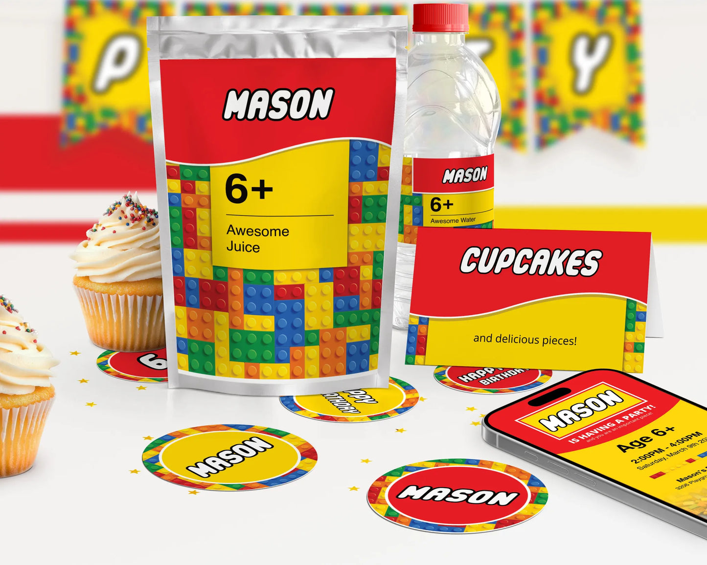 Customizable Lego themed food labels, juice bottle wrappers, and cupcake flags for a birthday party
