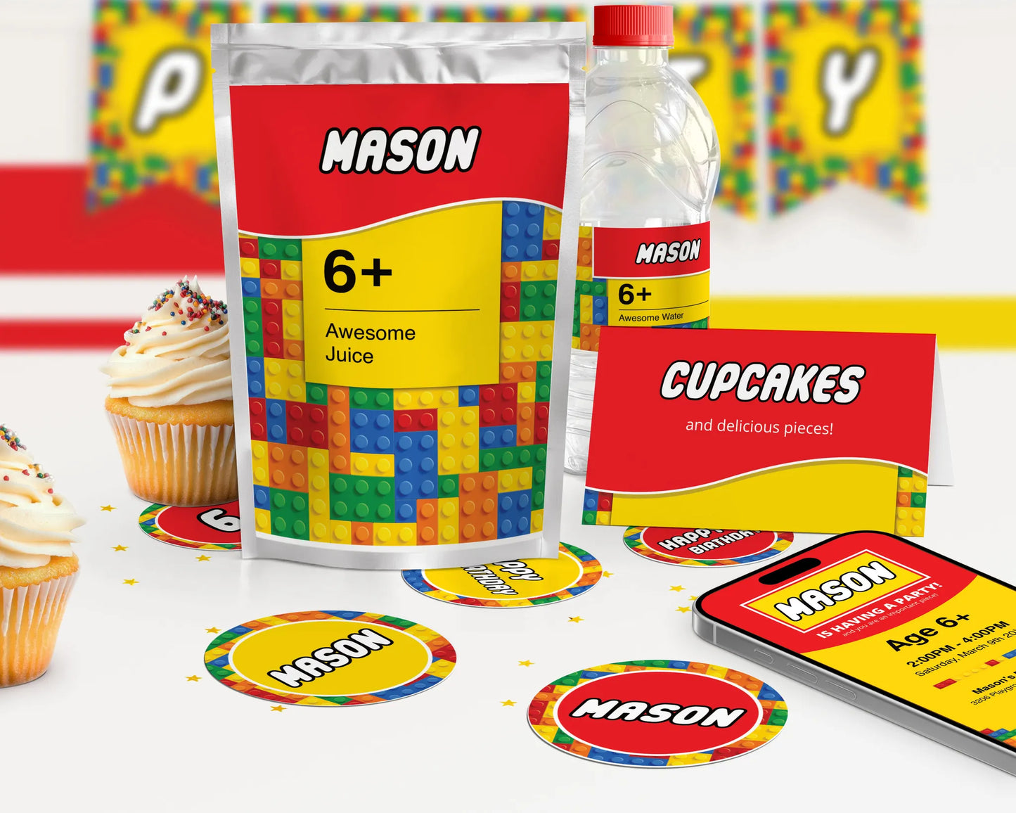 LEGO themed juice bottle wrappers, cupcake toppers, and food labels for a primary color brick party.