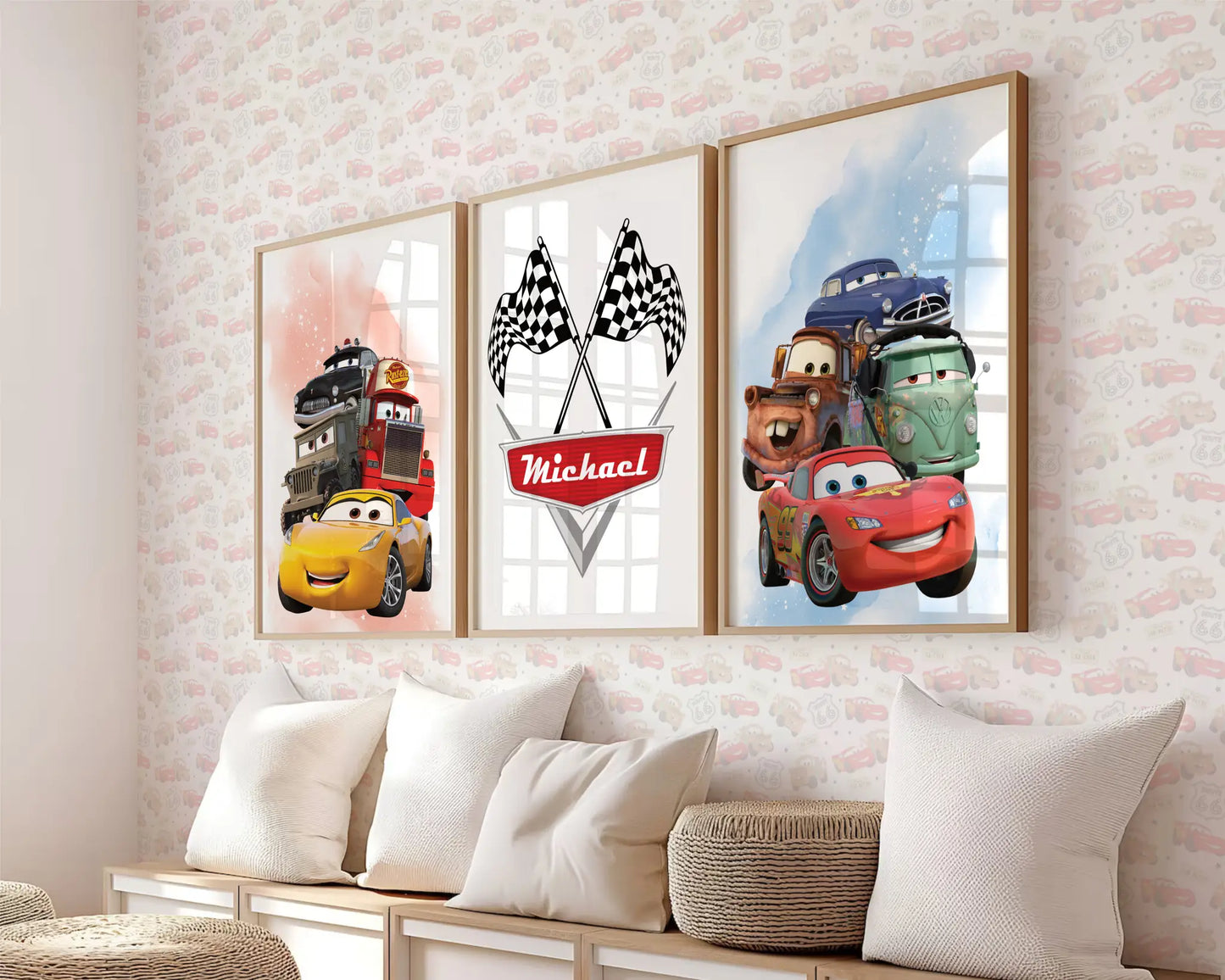 Lightning McQueen and Cars characters wall art set displayed in kids bedroom decor, printable racing theme posters