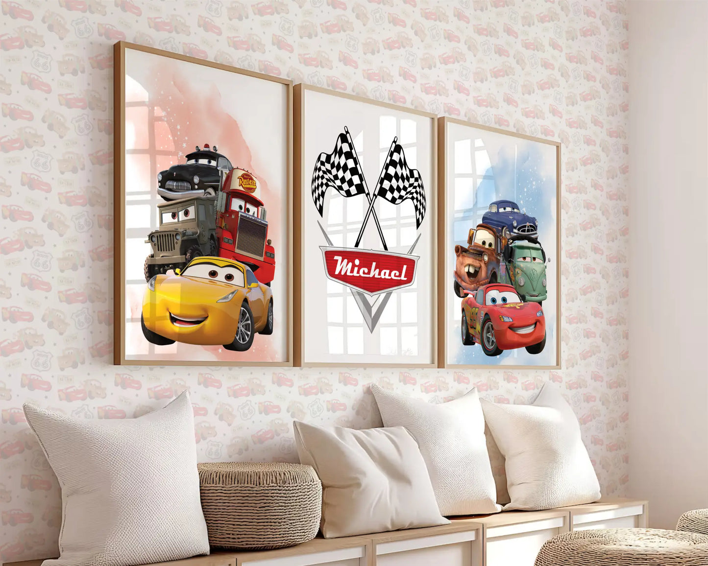 Kids bedroom preview with Lightning McQueen and Cars characters wall prints in neutral wooden frames