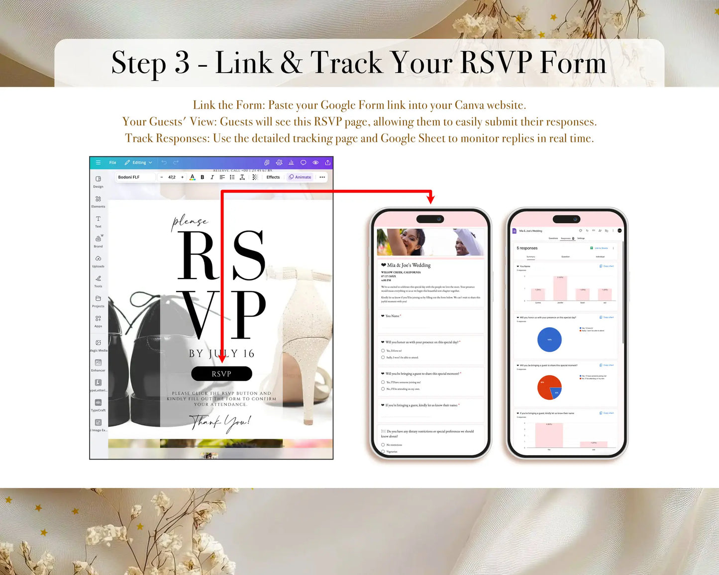 Link and track your RSVP form, digital wedding invitation Canva template.