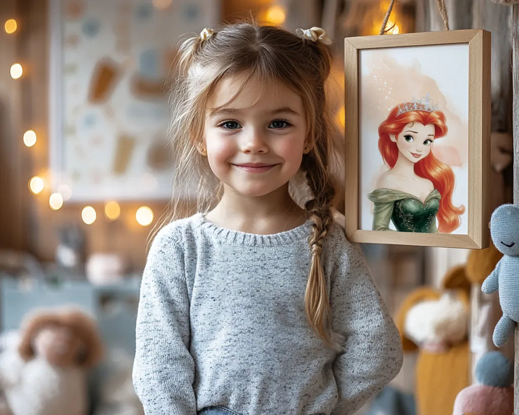 A young girl smiling while holding a wooden framed Ariel Disney princess watercolor print in her room