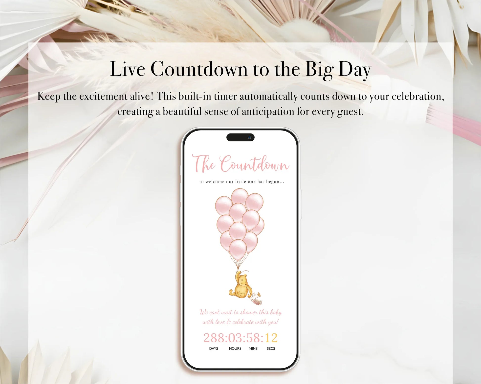 Mobile screen showing a live countdown feature for the upcoming baby shower event