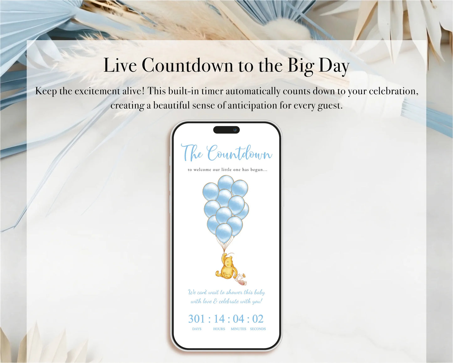 Mobile screen showing a live countdown feature for the upcoming boy baby shower event