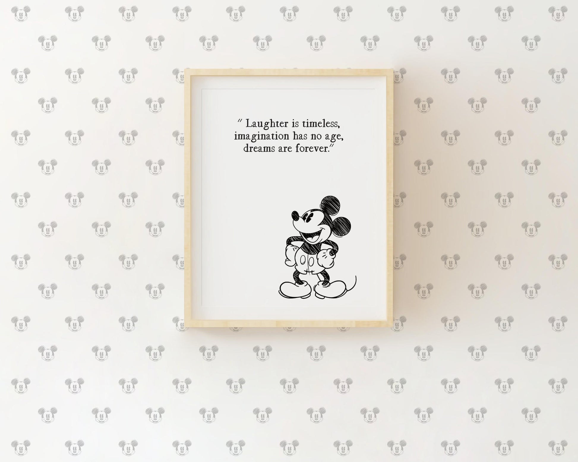 Single framed kids room poster featuring Mickey Mouse standing illustration and the quote Laughter is timeless imagination has no age dreams are forever