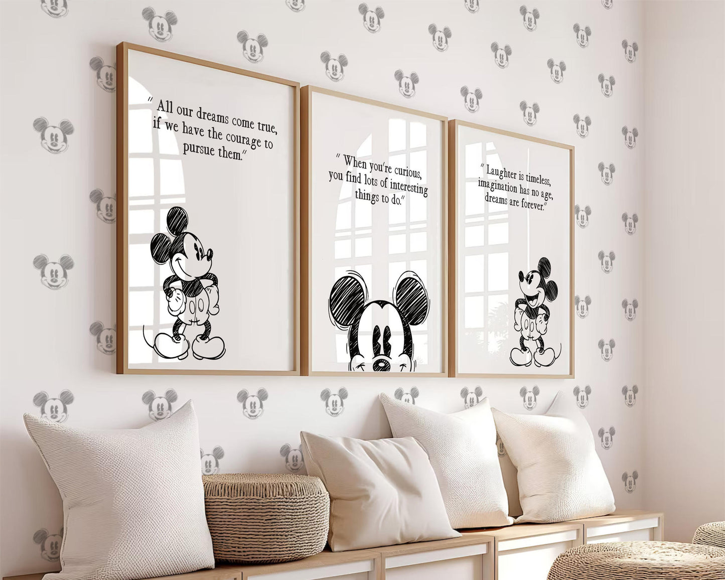 Alternative view of three wooden framed Mickey Mouse sketch posters displayed on a patterned nursery wall