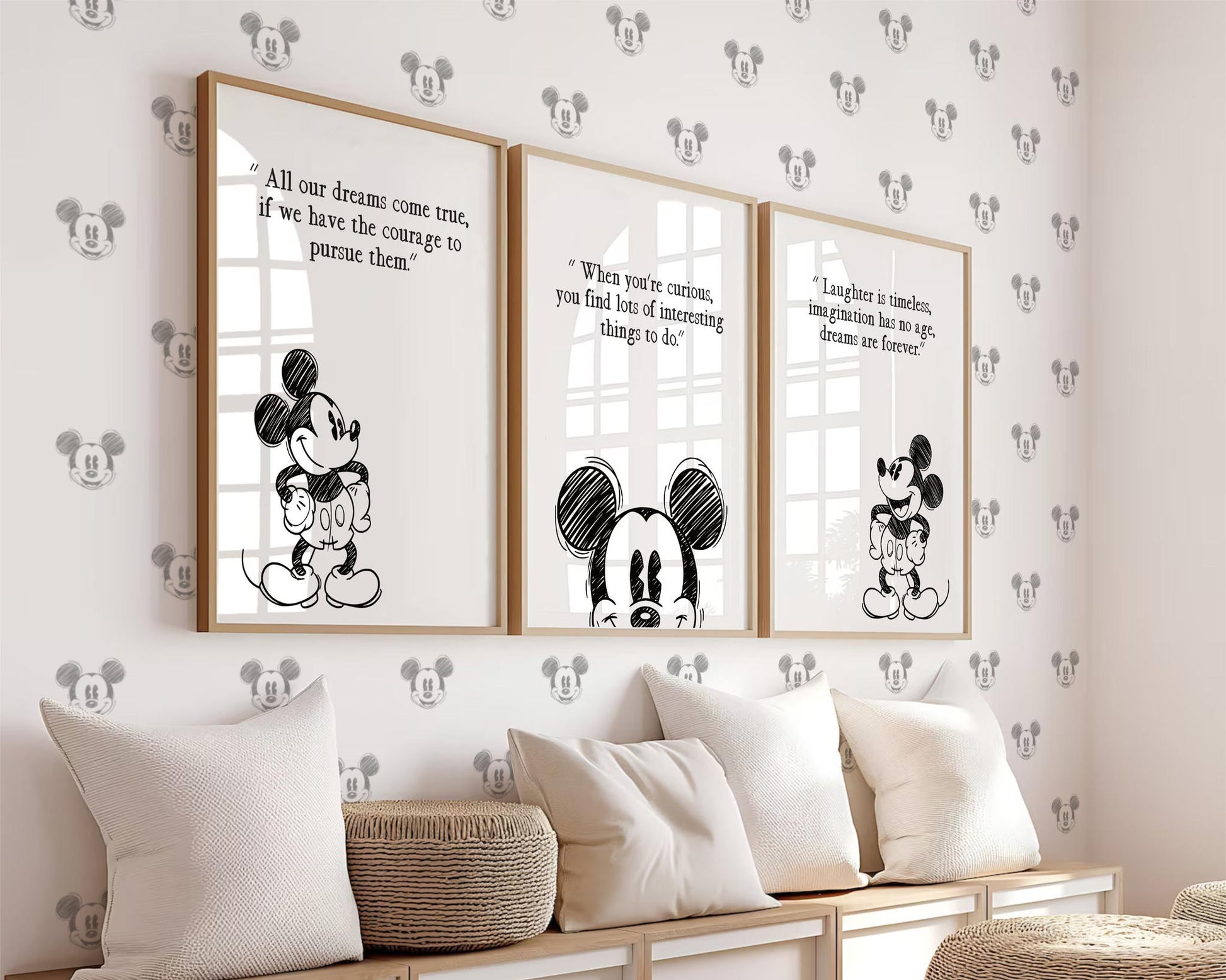 Alternative view of three wooden framed Mickey Mouse sketch posters displayed on a patterned nursery wall