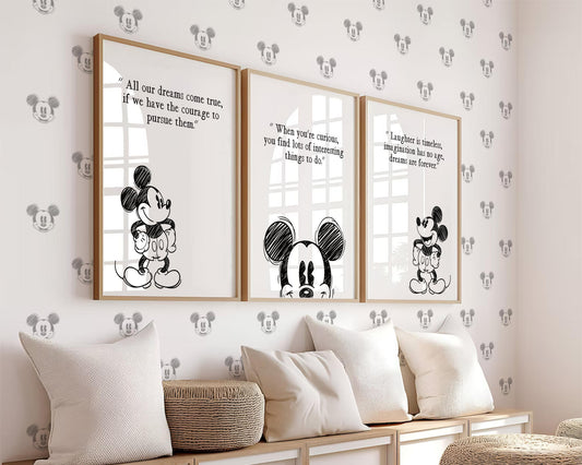 Alternative view of three wooden framed Mickey Mouse sketch posters displayed on a patterned nursery wall
