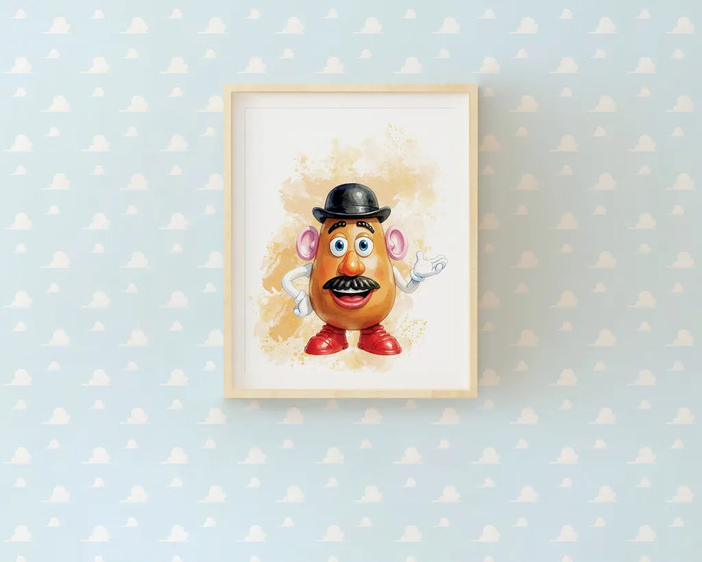 Single framed watercolor print of Mr. Potato Head for kids bedroom