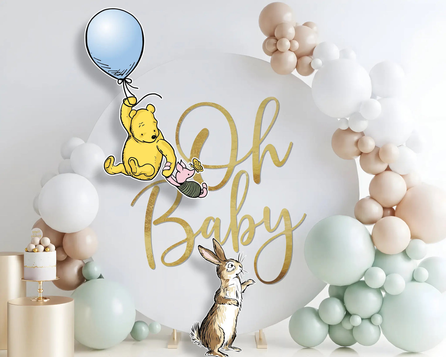 Oh Baby sign with Winnie the Pooh and Rabbit cutouts, baby shower printable decor in pastel colors.