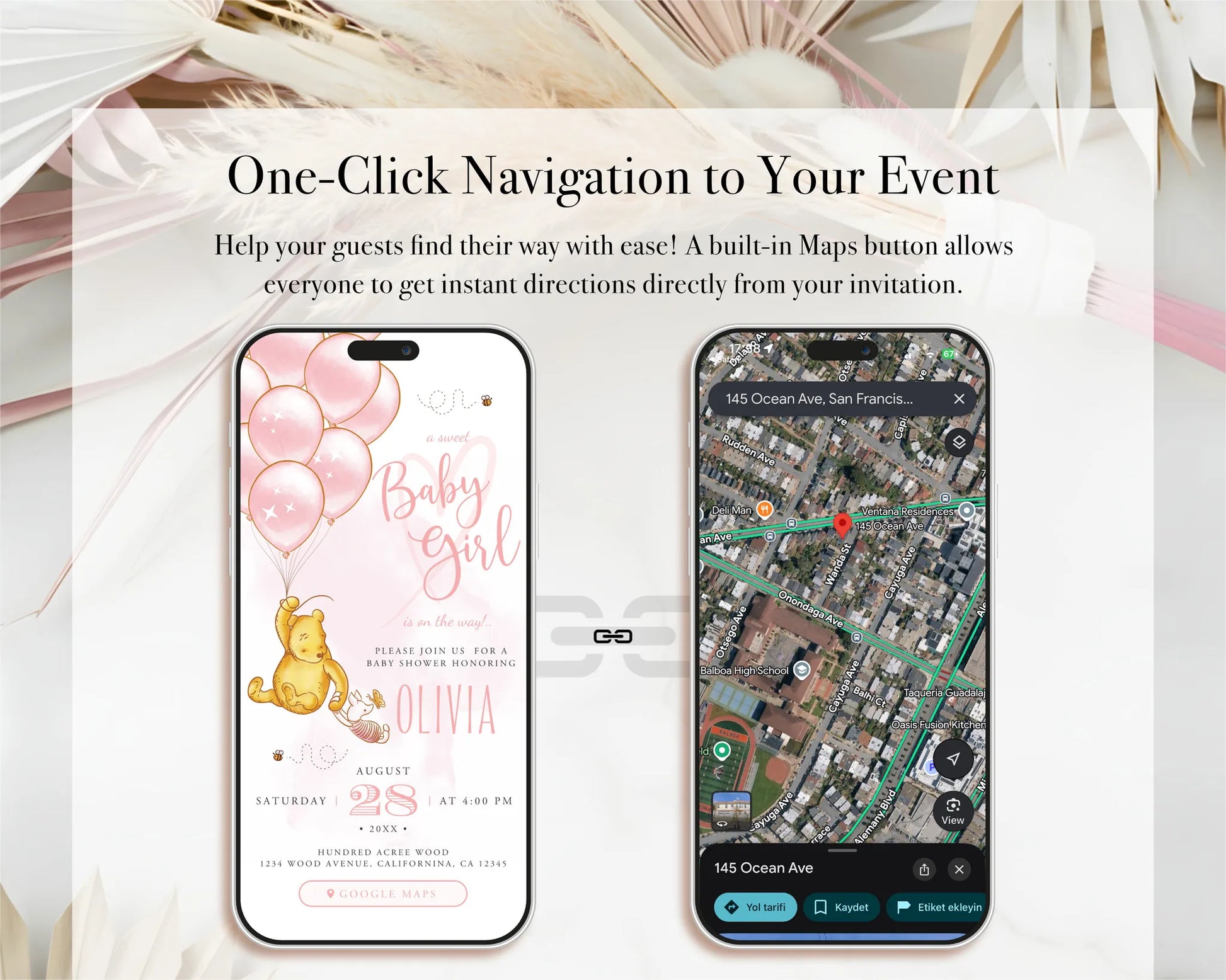 Smartphone interface showing one-click map navigation integrated into the digital invitation