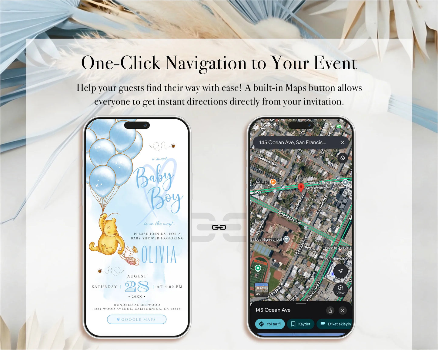 Smartphone interface showing one-click map navigation integrated into the boy digital invitation