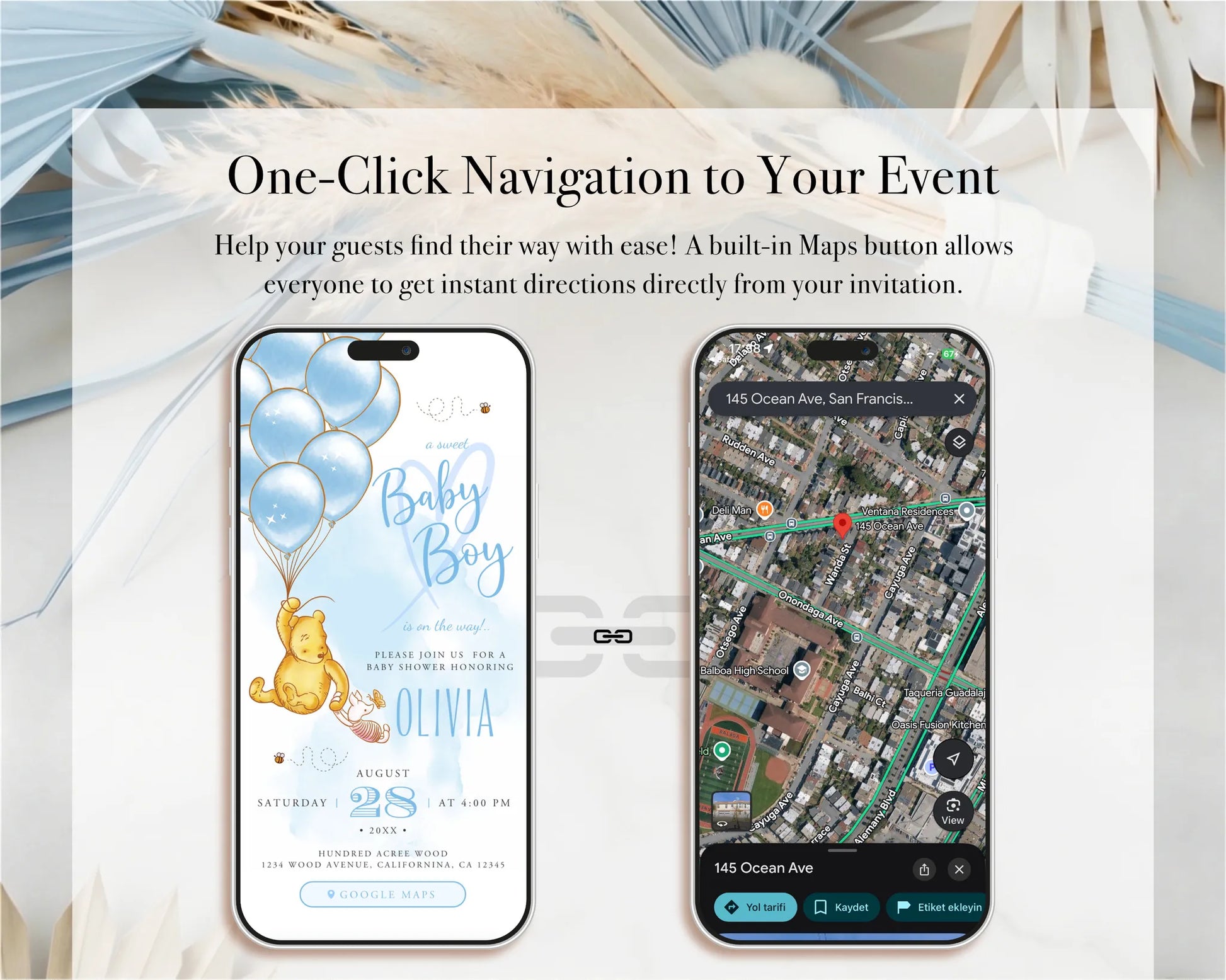 Smartphone interface showing one-click map navigation integrated into the boy digital invitation
