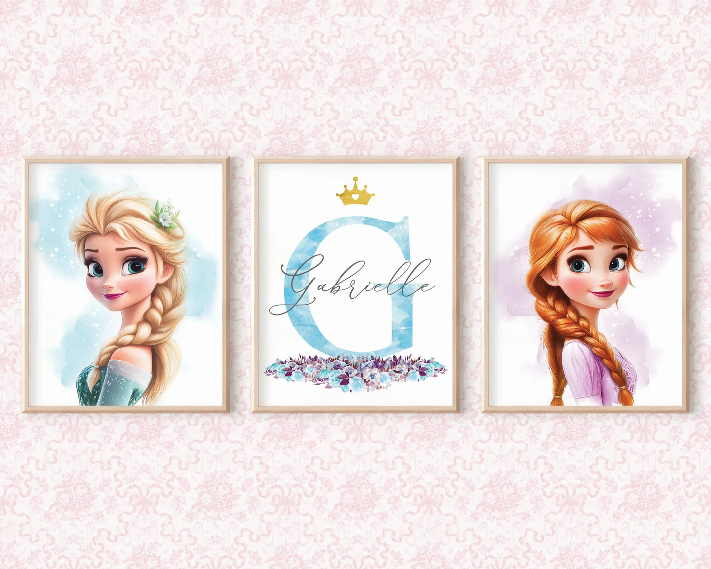 Personalized Frozen wall art with name Gabriella, editable Canva poster set featuring Elsa and Anna.