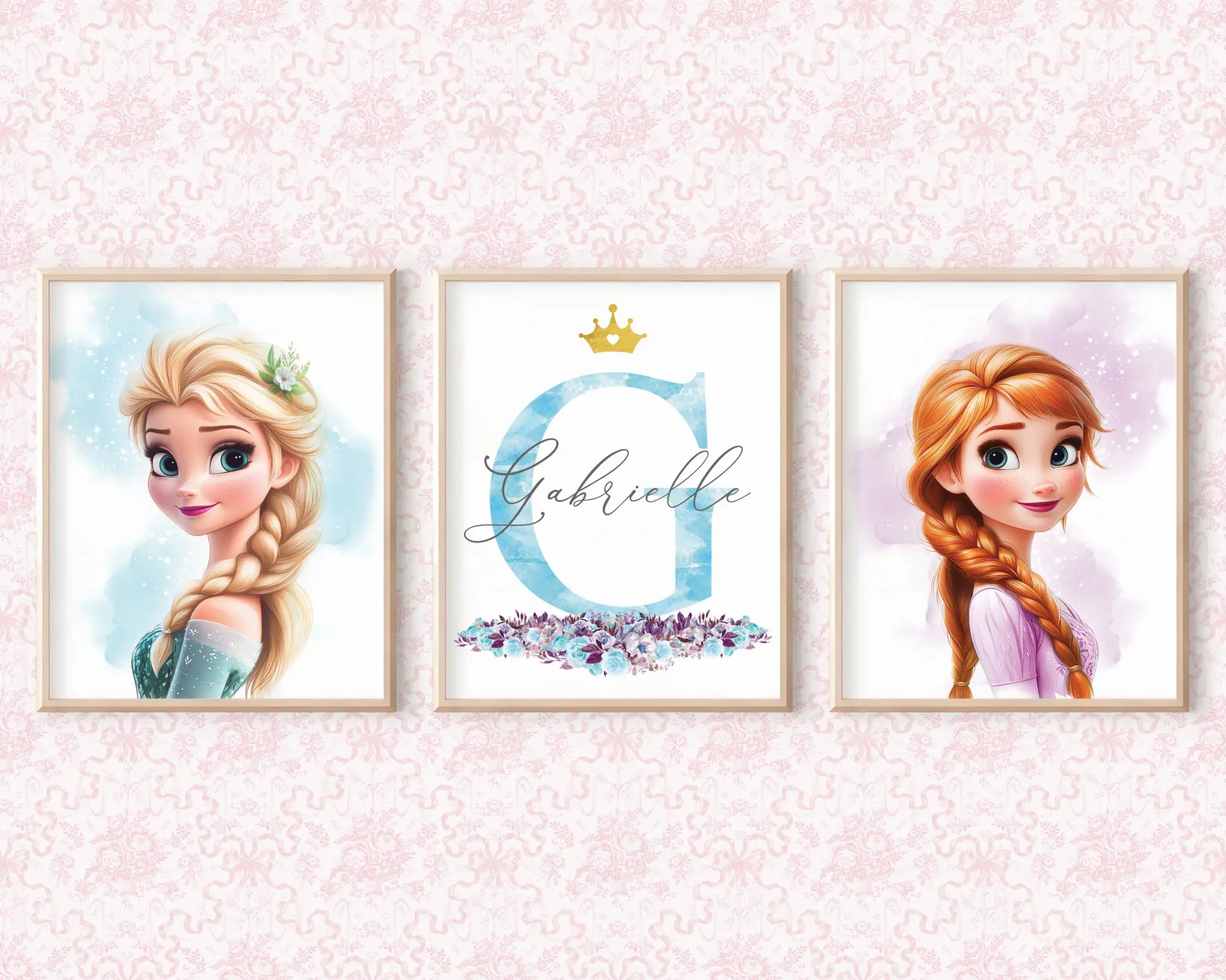 Personalized Frozen wall art with name Gabriella, editable Canva poster set featuring Elsa and Anna.