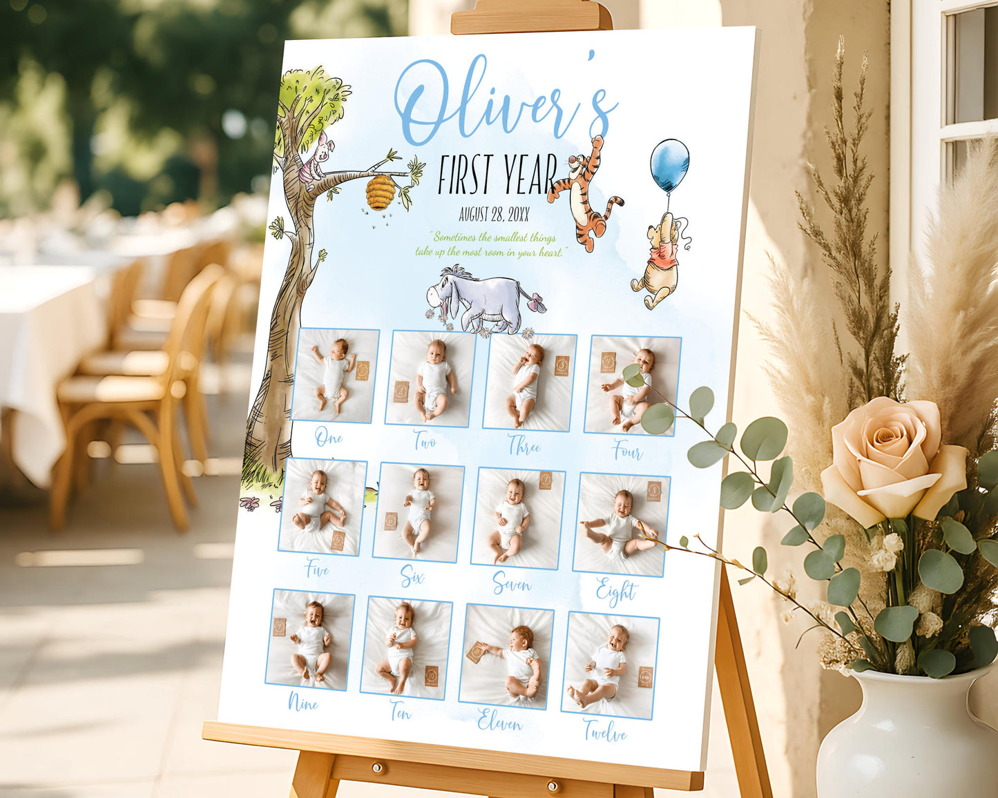 Personalized Winnie the Pooh boy birthday milestone board with baby monthly photos styled next to decor