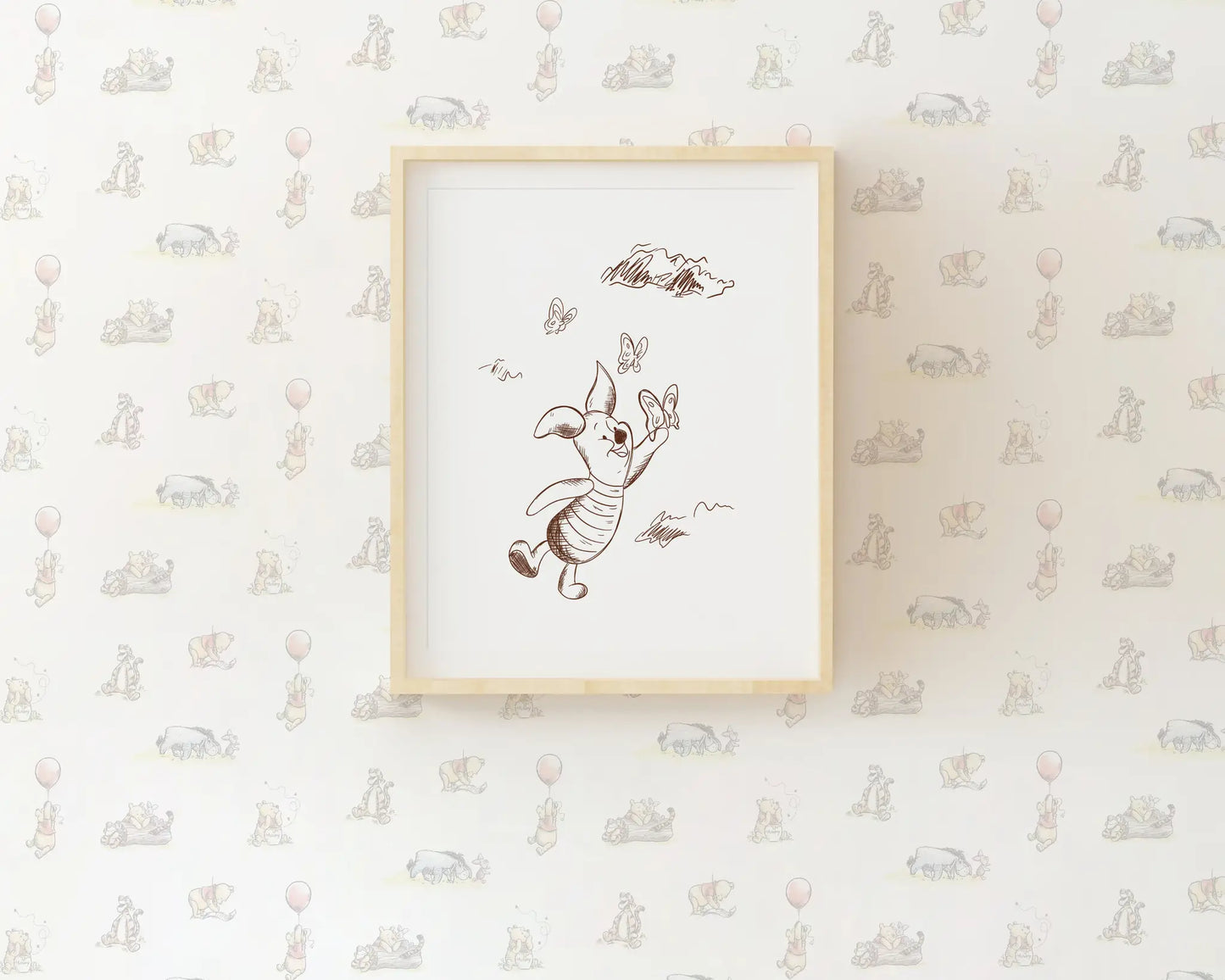 Piglet nursery wall art print, minimal sketch style, printable kids room decor.