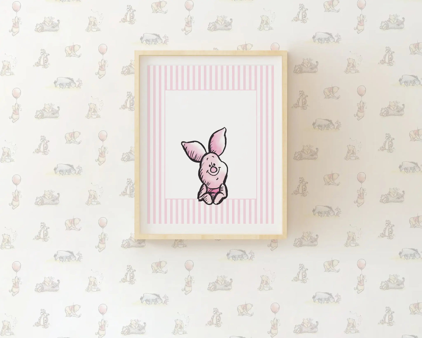 Watercolor Piglet illustration on pink striped background baby room decor