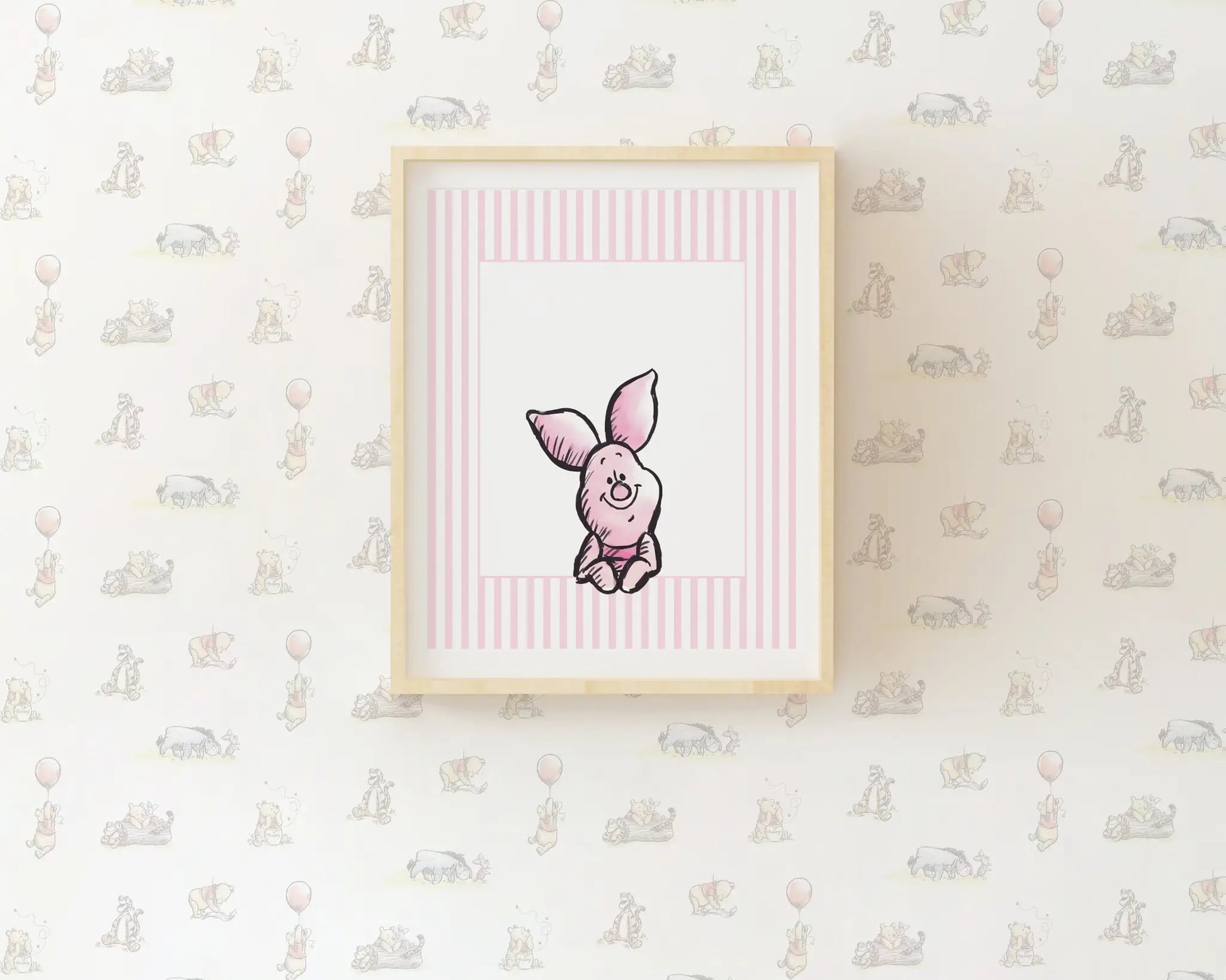 Watercolor Piglet illustration on pink striped background baby room decor