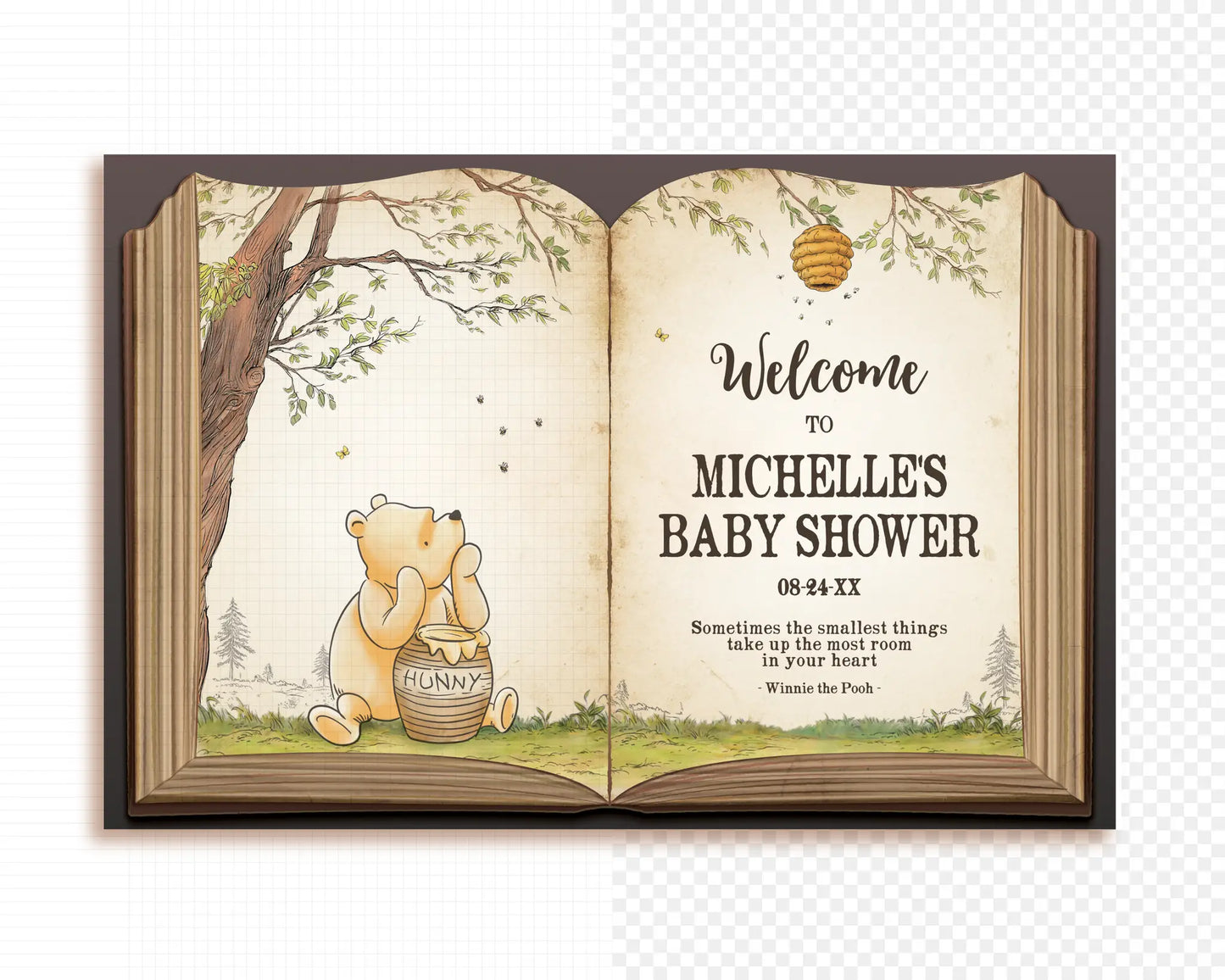 Digital preview of Winnie the Pooh baby shower welcome sign isolated on white background, editable Canva design with Pooh and honey pot artwork.