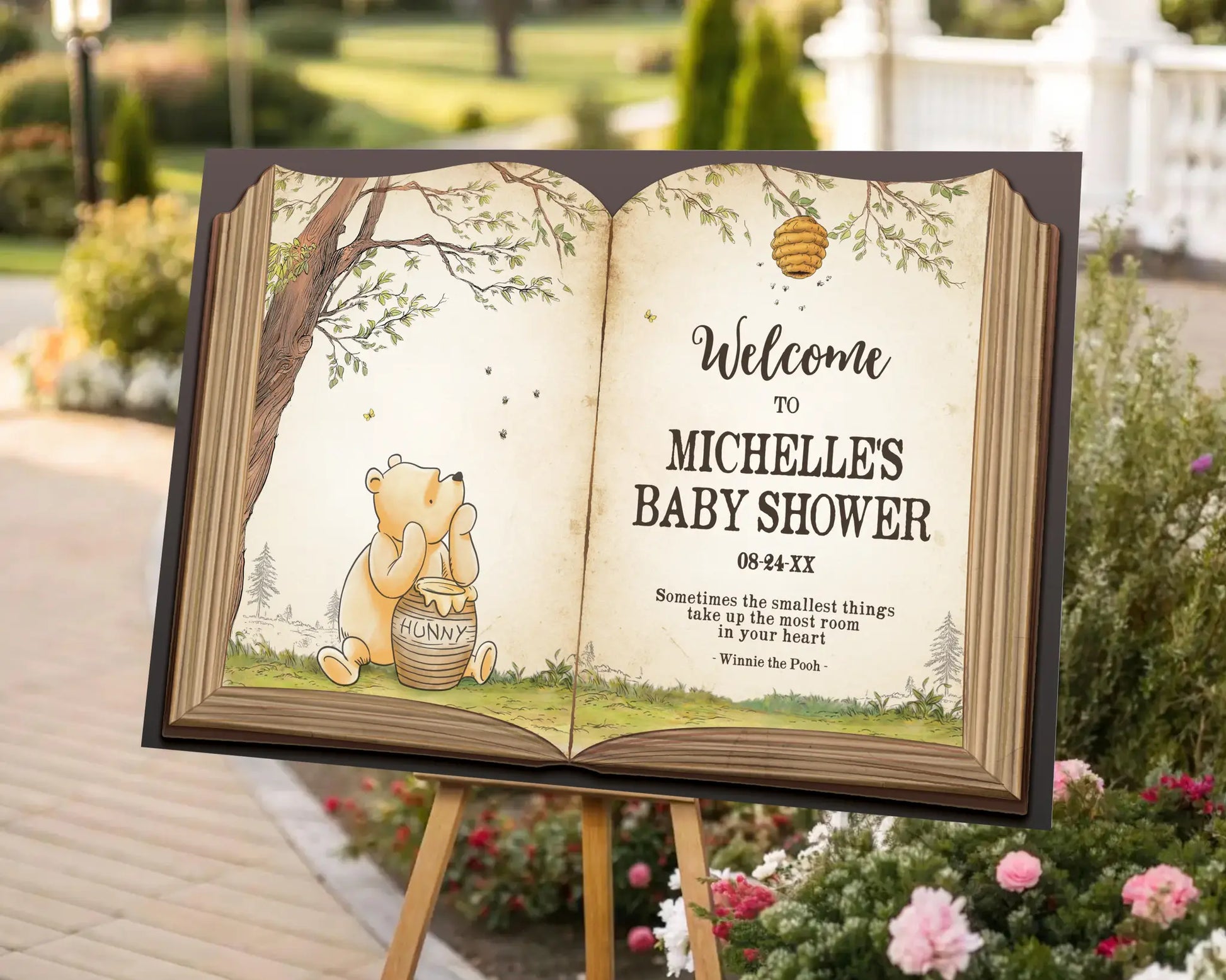 Front view of Winnie the Pooh baby shower sign designed like an open storybook, with elegant typography and forest-inspired background.