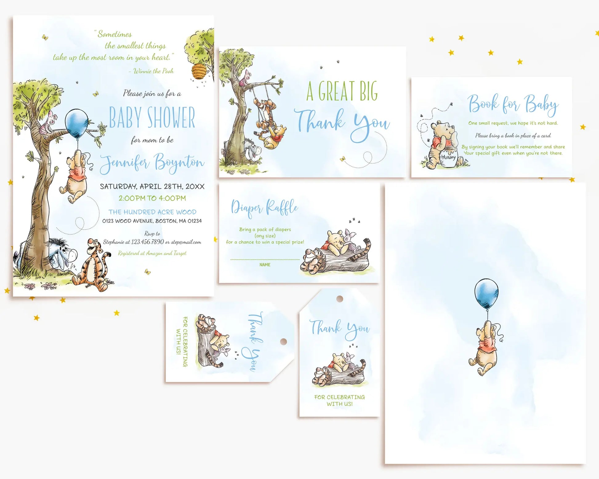 Winnie the Pooh invitation, thank you card, and favor tag templates in blue theme with blue details, printable in Canva.