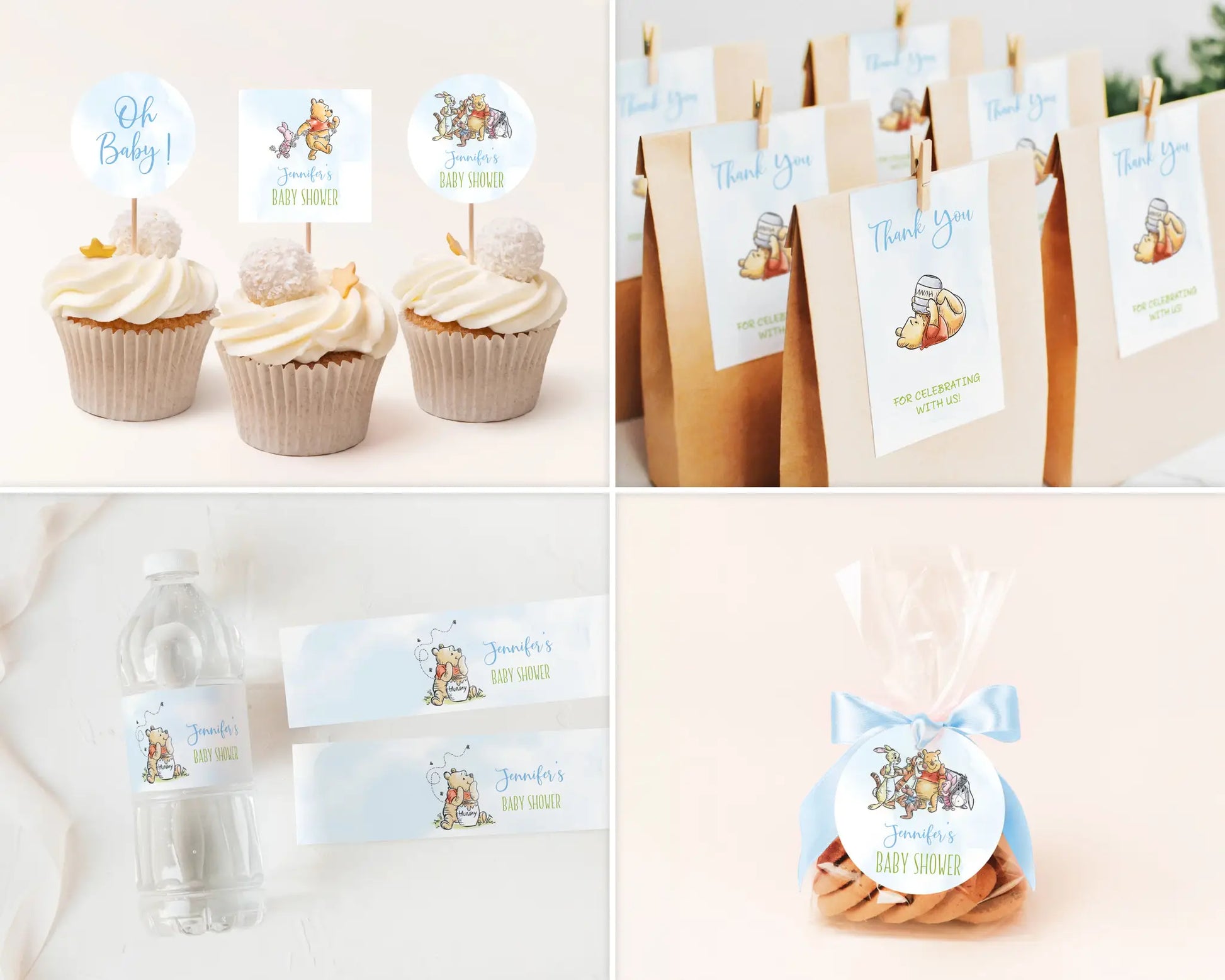 Assorted Winnie the Pooh blue theme party pieces—cupcake toppers, favor bag labels, bottle wrappers and tags—printable decor.