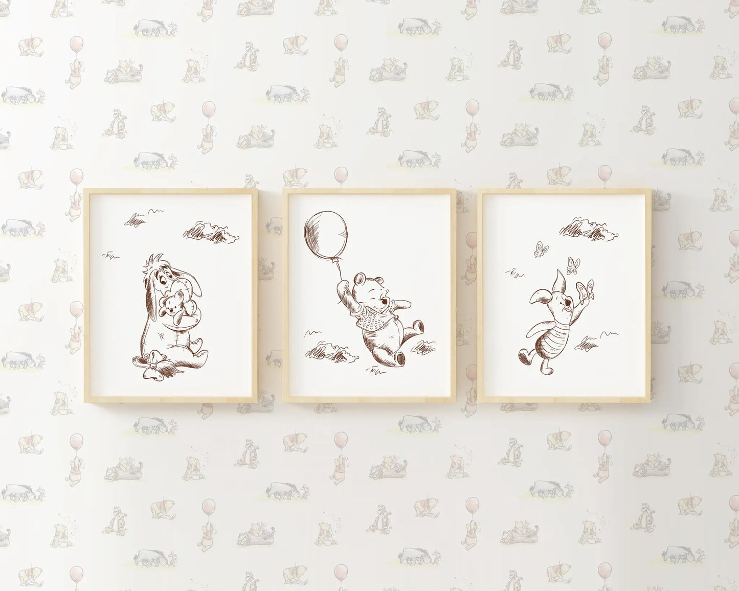 Set of three Winnie the Pooh wall prints, Eeyore, Pooh, and Piglet illustrations, printable nursery decor.