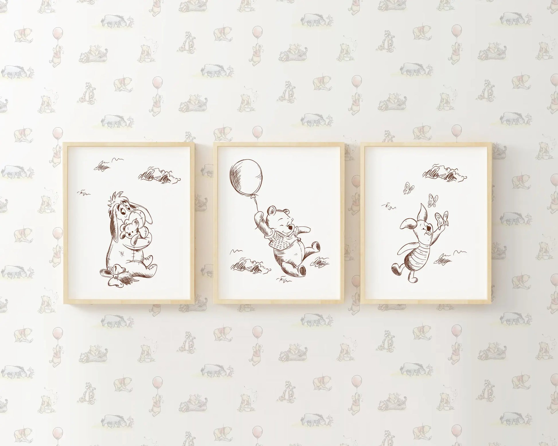 Set of three Winnie the Pooh wall prints, Eeyore, Pooh, and Piglet illustrations, printable nursery decor.