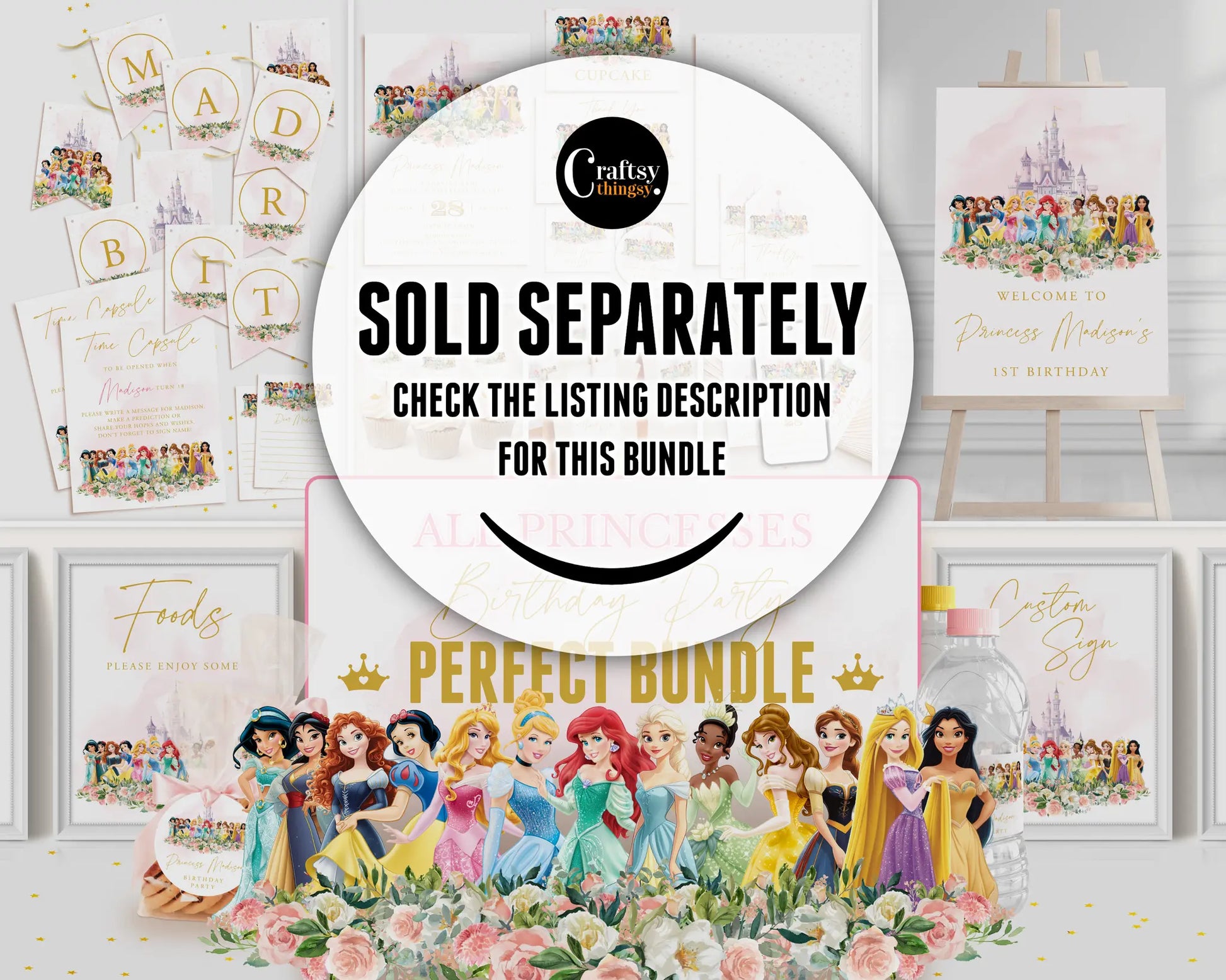 All princesses birthday party printable bundle, matching decorations and Canva templates sold separately, perfect for girl birthday celebration setup.
