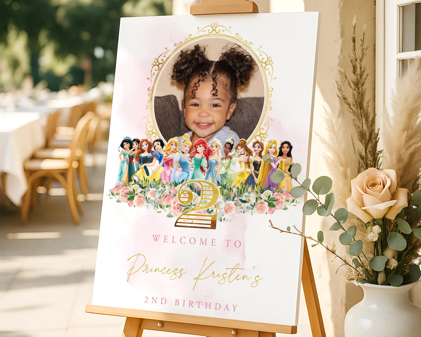 Personalized princess welcome sign with photo and gold floral frame, elegant 2nd birthday party poster, editable Canva template for girls.