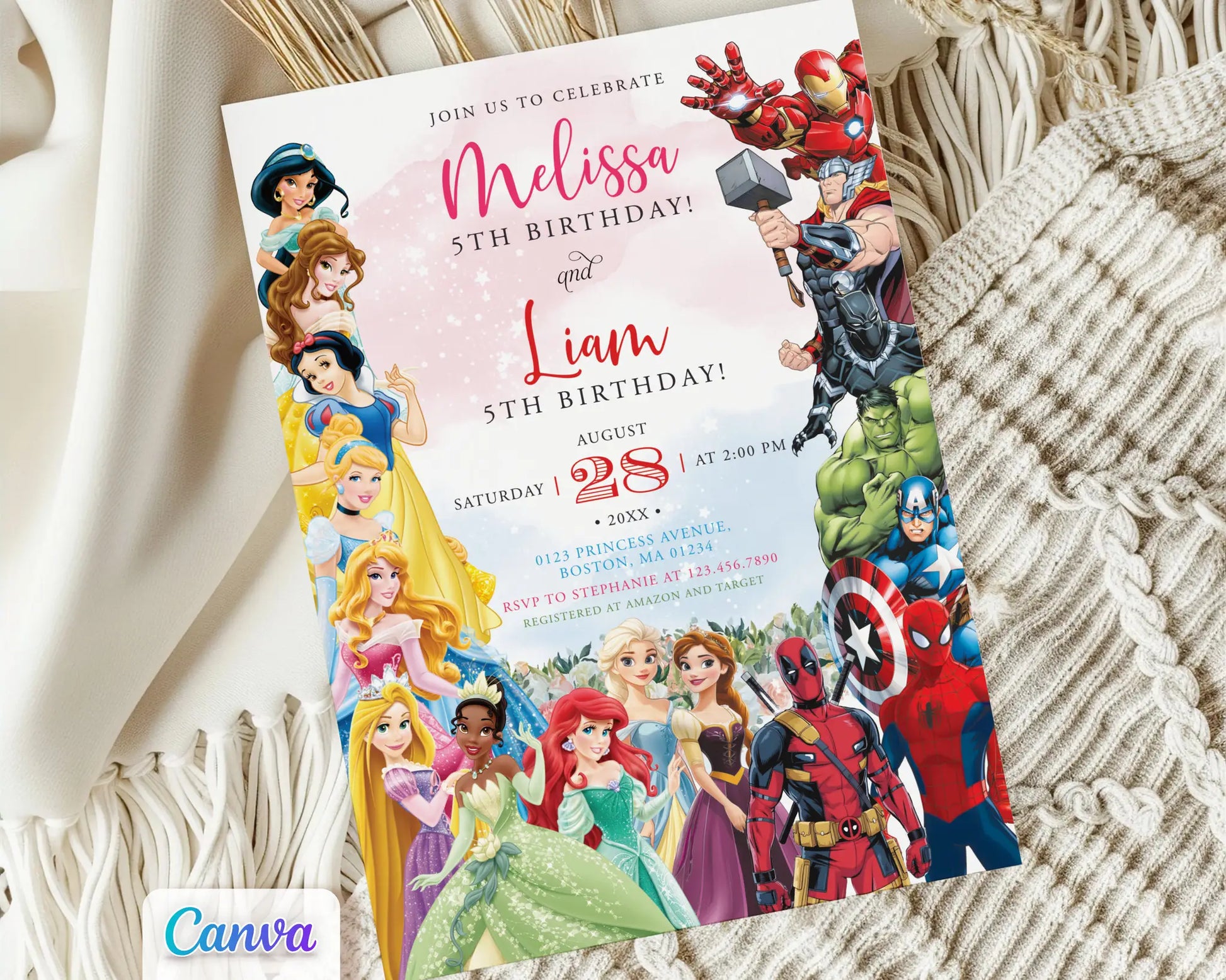 Editable princess and superhero birthday invitation for boy and girl, printable party invite with Disney princesses and Marvel heroes, Canva template.
