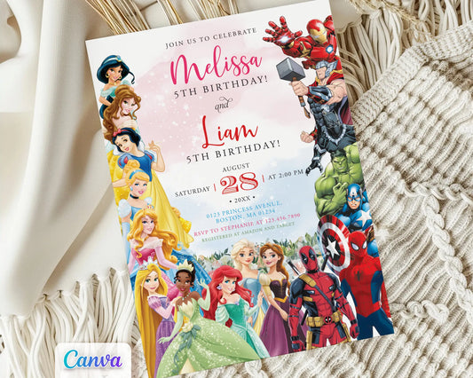 Editable princess and superhero birthday invitation for boy and girl, printable party invite with Disney princesses and Marvel heroes, Canva template.