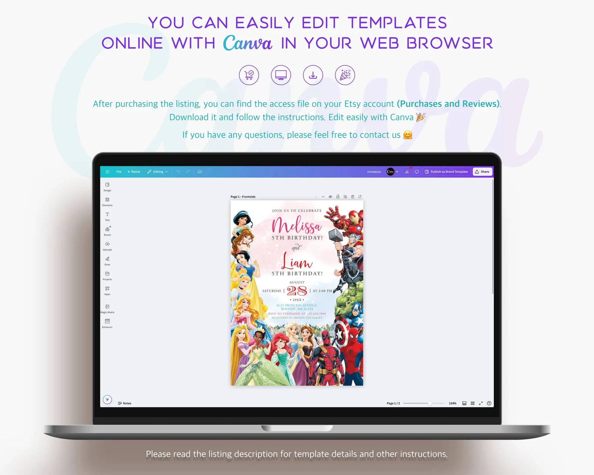 Princess and superhero joint birthday invitation Canva template bundle, digital download for kids’ party invitations.