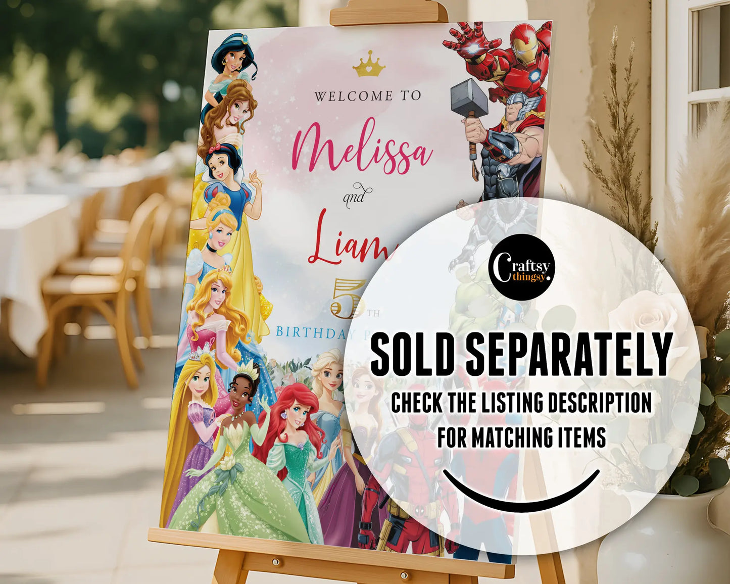 Matching princess and superhero joint birthday welcome sign, sold separately, coordinating party decor for Canva invitation set.