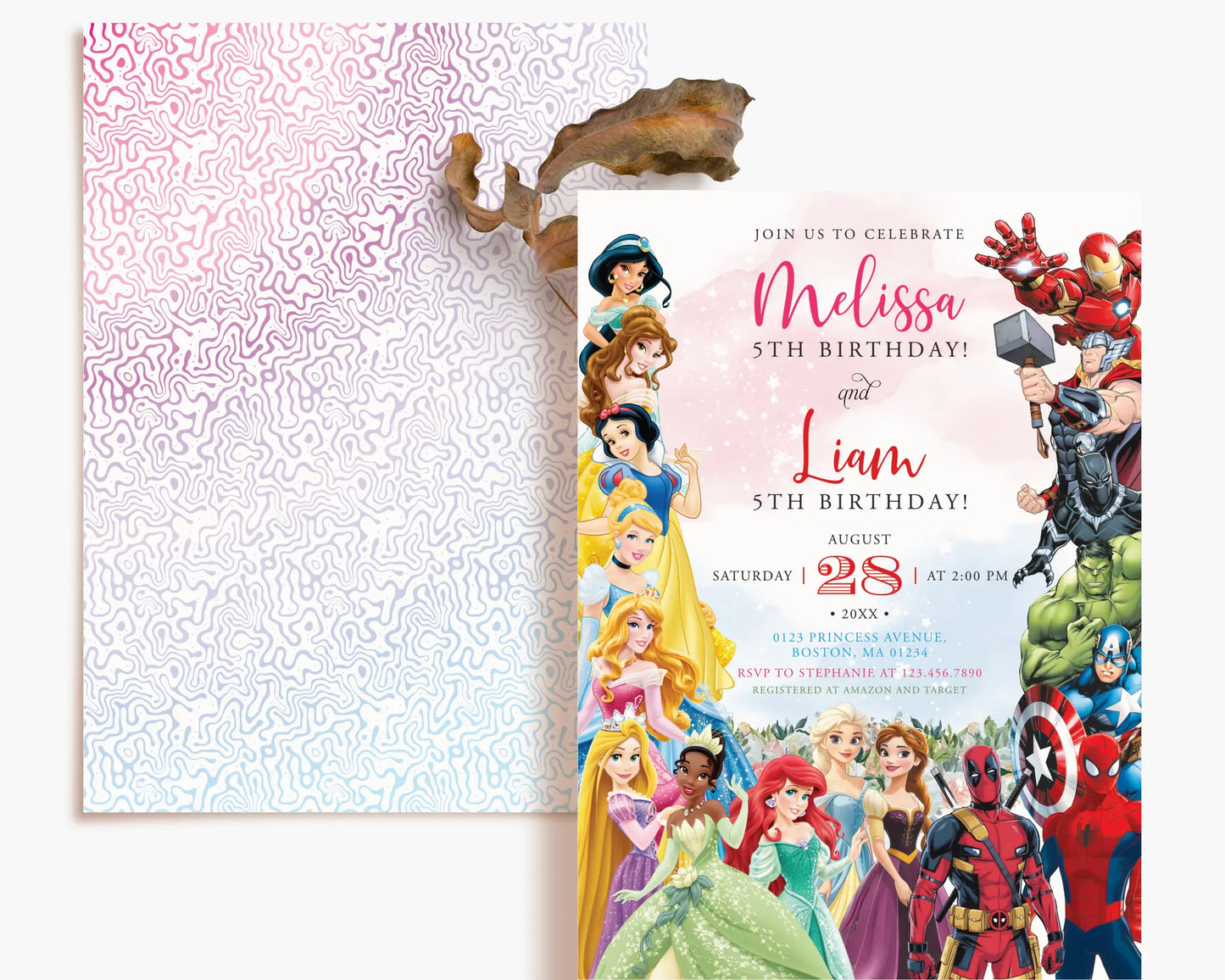 Joint birthday invitation for boy and girl, princess and superhero theme, editable Canva template with colorful design.