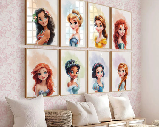 Princess wall art gallery set displayed in a girls bedroom with pastel decor and framed nursery prints