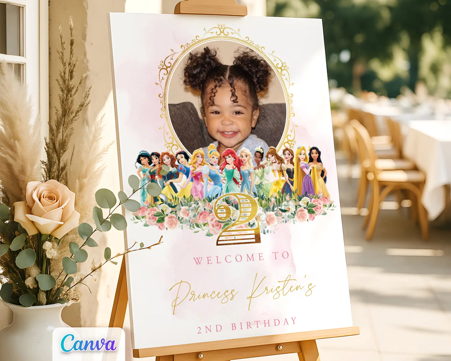 Princess welcome sign with photo, pink floral and gold frame design, editable Canva template for girl’s 2nd birthday party decor.